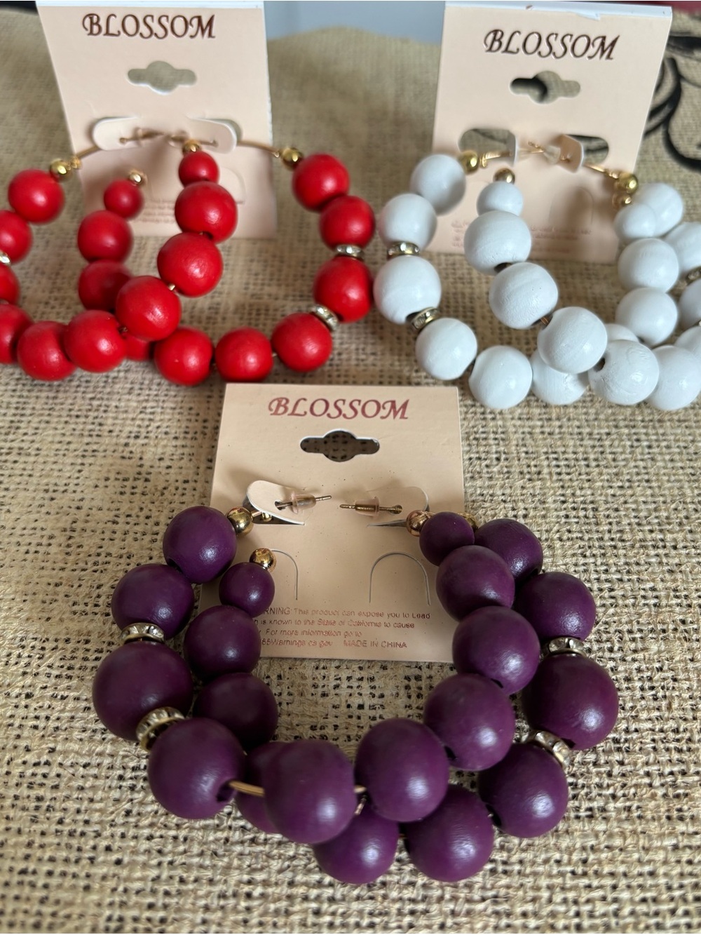 BLOSSOM Beaded Wooden Hoop Earrings - Red, White, Purple